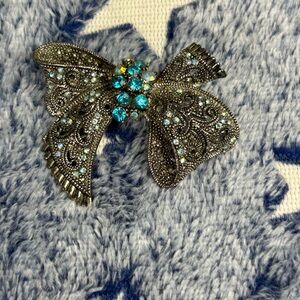 Vintage Silver and Blue Bow Brooch